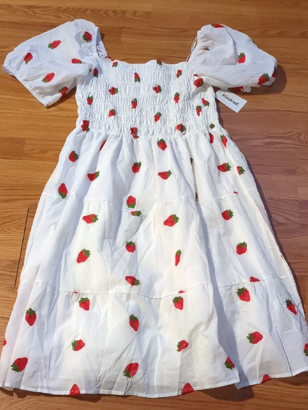 NWT Kindred by Anthropologie White Embroidered Strawberry Midi Babydoll Dress
